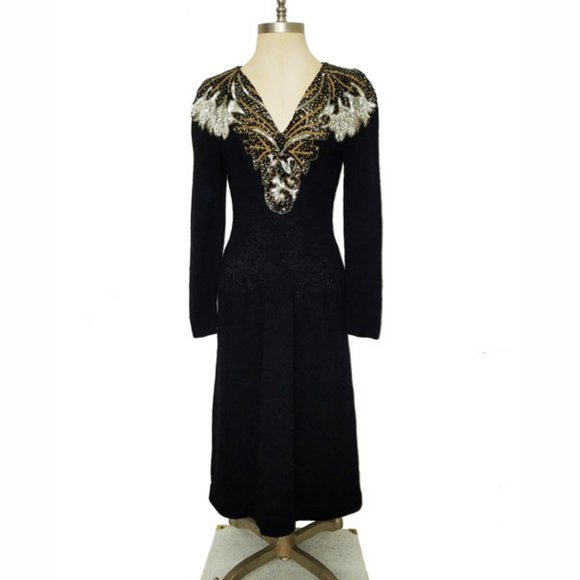 Vtg 80s Santana Knit beaded sequined Bodice Dress 12 - Picture 1 of 11